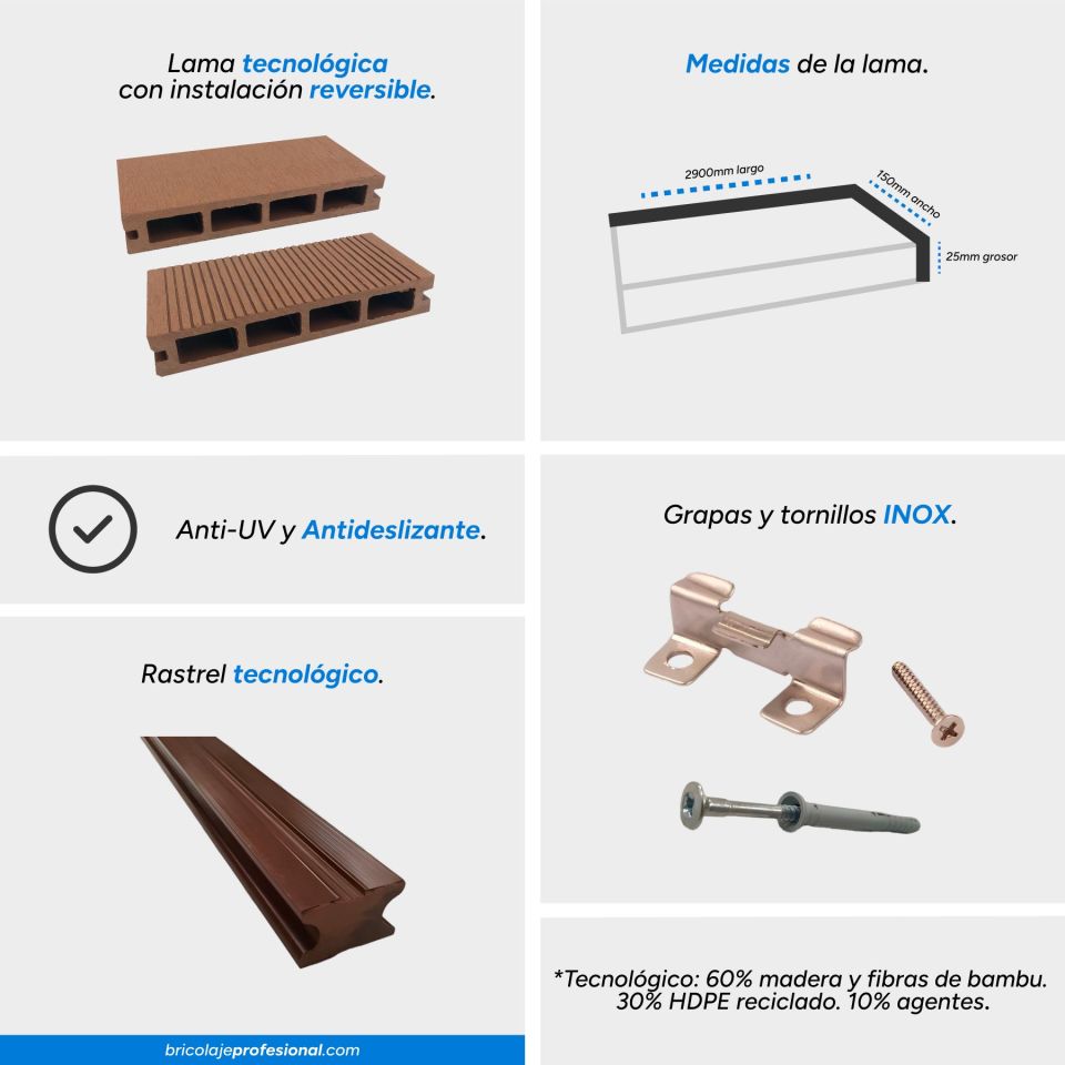 Características principales de las lamas de tarima tecnológica color rojizo con rayas y liso MG-02 1L