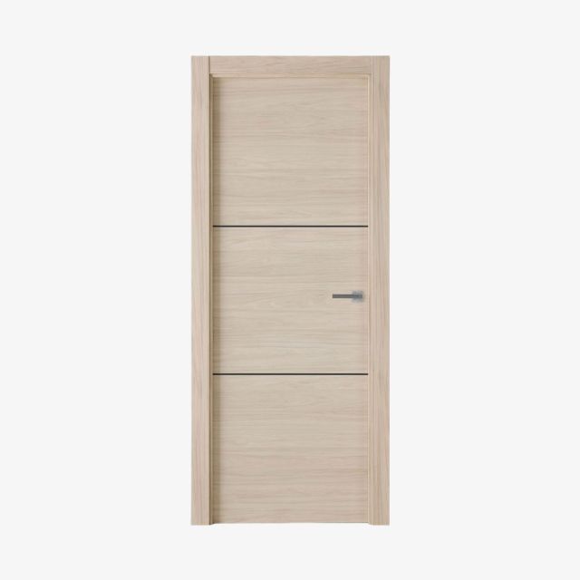 Puerta laminada modelo X2002 en acabado Roble Arena con greca negra, fabricante Perciber, vista frontal sobre fondo blanco.