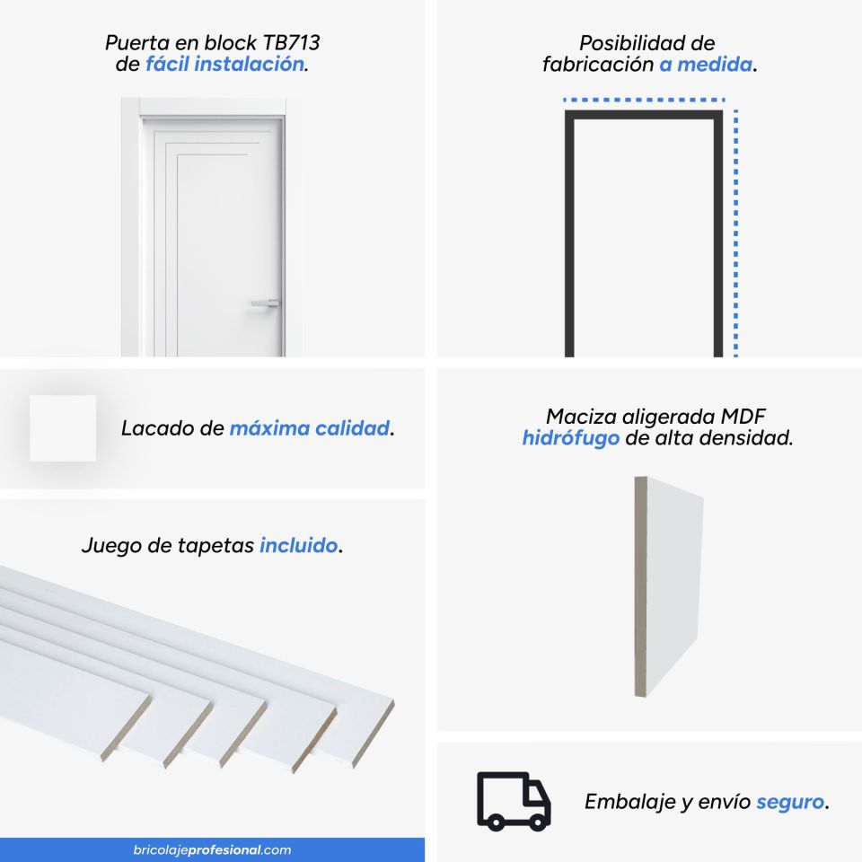 Características principales de la puerta lacada blanca en block maciza mod. TB713 instalada en una habitacion moderna