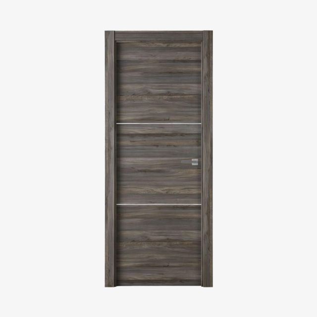 Puerta laminada X2002 Vulcano Greca Blanca en vista frontal, diseño en tonos gris vulcano con líneas horizontales y greca blanca.