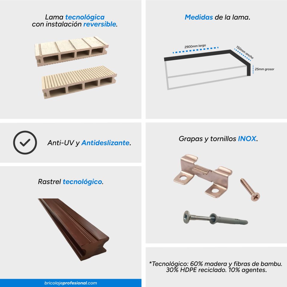 Características de las lamas de tarima tecnológica color blanco cara rayada y muy rayada