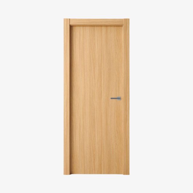 Puerta laminada Roble Pure Modelo G1000 Perciber vista frontal en acabado roble claro con veta vertical y tirador metálico