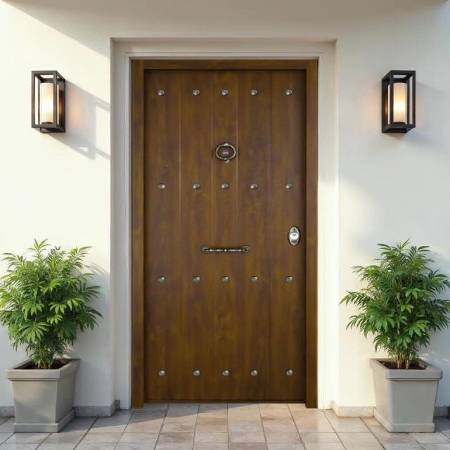 Puerta acorazada rústica de estilo tradicional y acabado en nogal colocada en entrada principal de una casa