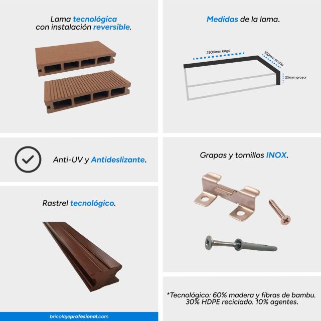 Características principales de las lamas de tarima tecnológica color rojizo con rayas y liso MG-02 1L