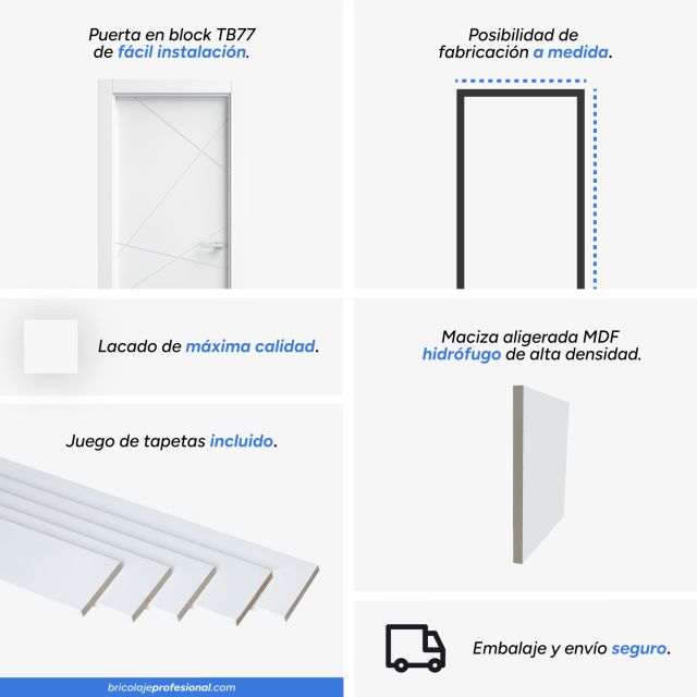 Características principales de la puerta lacada blanca en block maciza mod. TB77