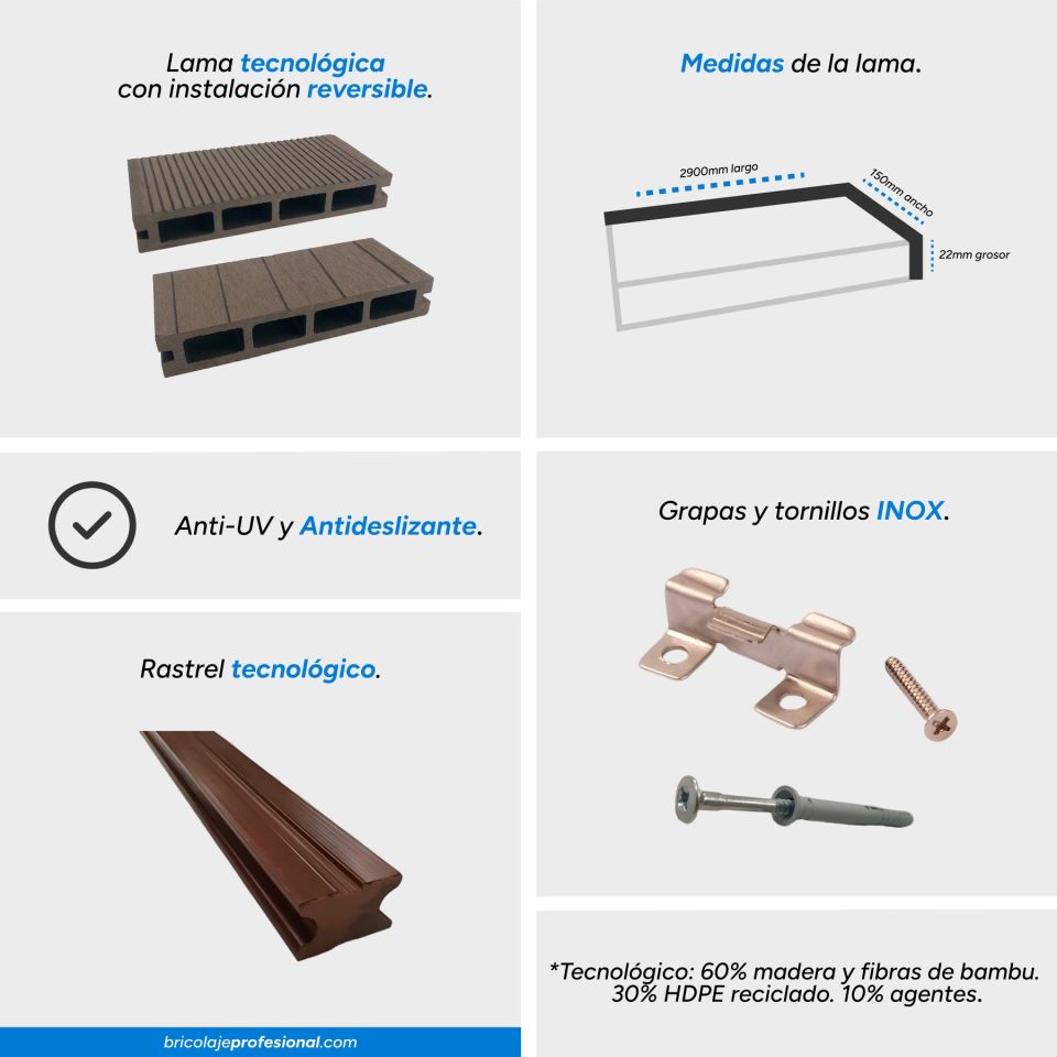 Características principales de las lamas de tarima tecnológica color marrón oscuro con rayas