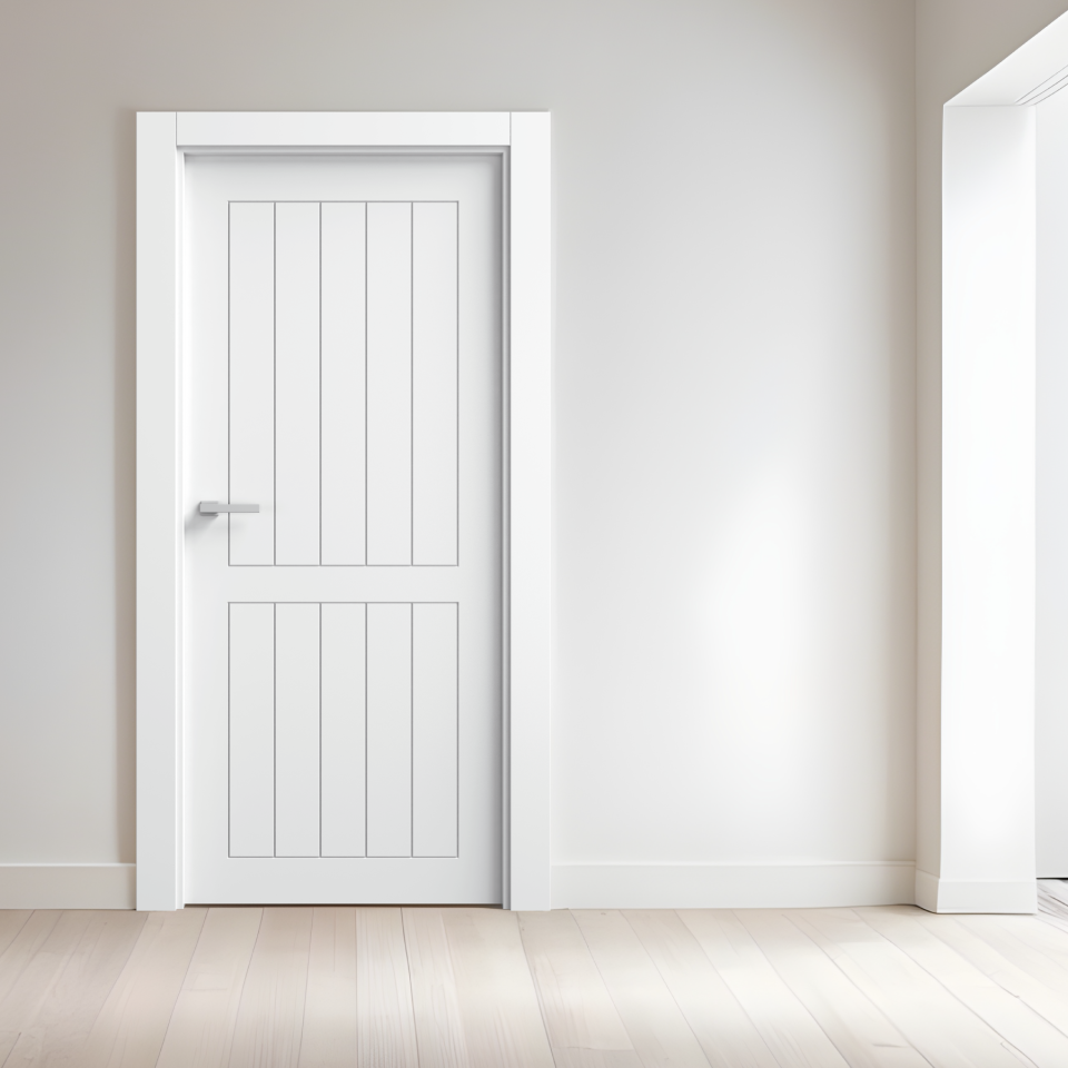 Puerta blanca rústica en block maciza mod. TB854 instalada en una habitación blanca