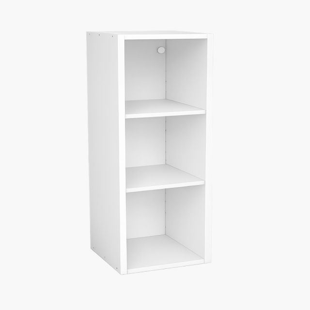 Mueble de cocina alto blanco 90x40x33cm con diseño modular vertical, estructura abierta con tres compartimentos interiores, acabado en color blanco liso, fondo de 40 cm, ancho de 33 cm y altura de 90 cm, presentado sobre fondo blanco en vista frontal ligeramente en perspectiva
