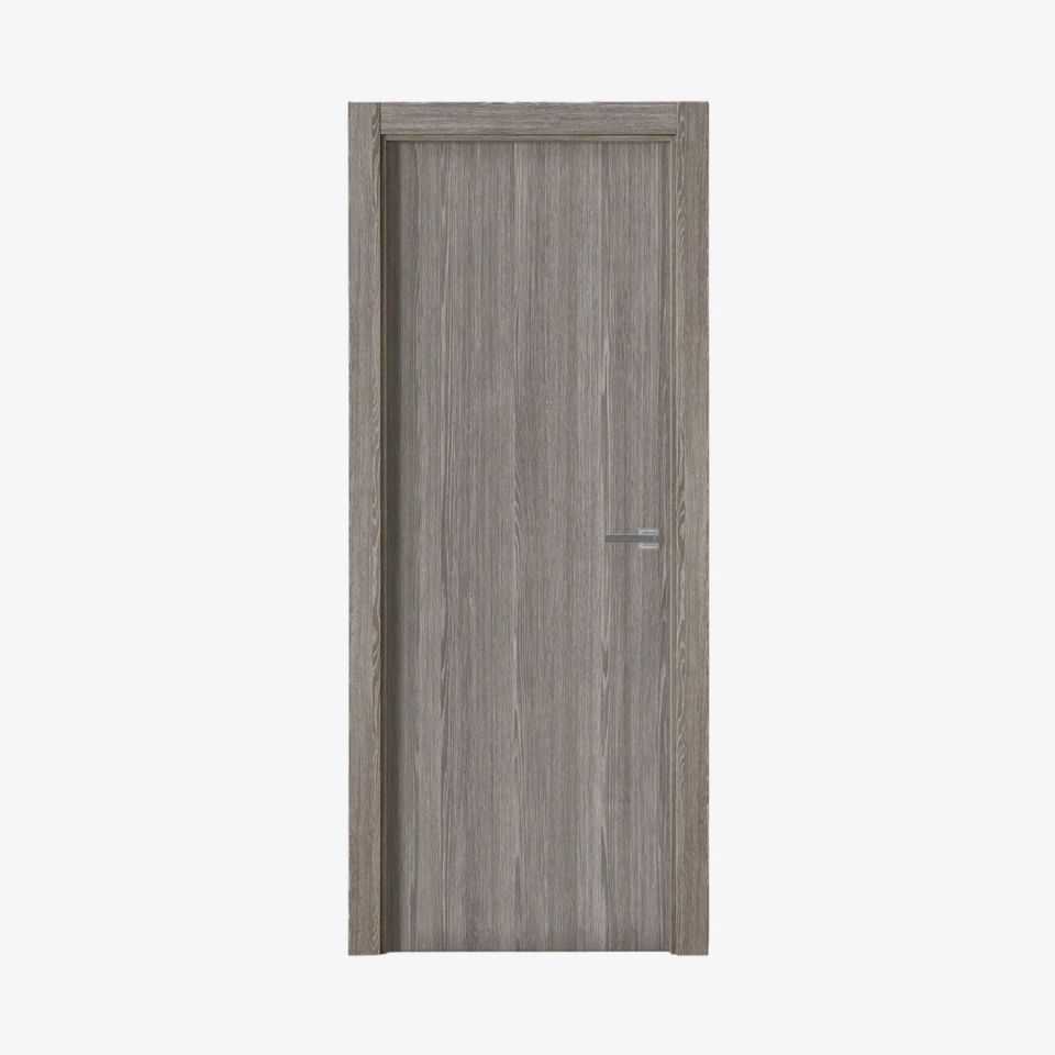 Puerta laminada G1000 Zenic perciber en vista frontal con acabado gris veteado y tirador metálico.