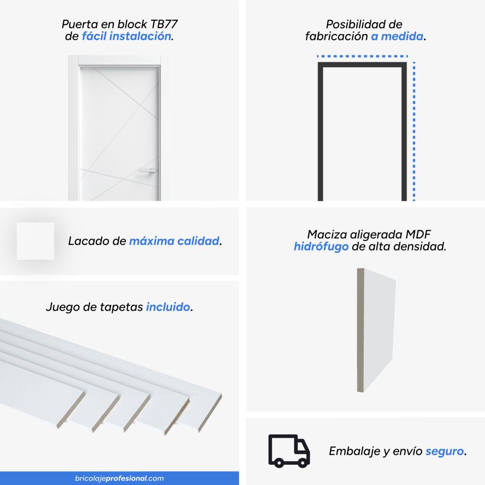 Características principales de la puerta lacada blanca en block maciza mod. TB77